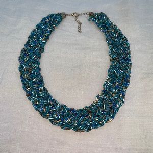 Collar-length blues & gold artisnal beaded necklace (18-20")